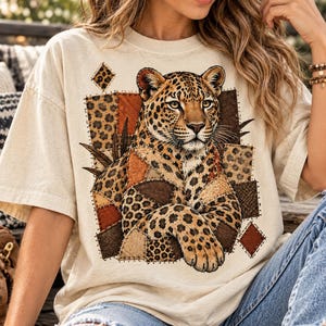 Vintage Patchwork Leopard PNG, Rustic Animal Design, Boho Jungle (Digital Download)