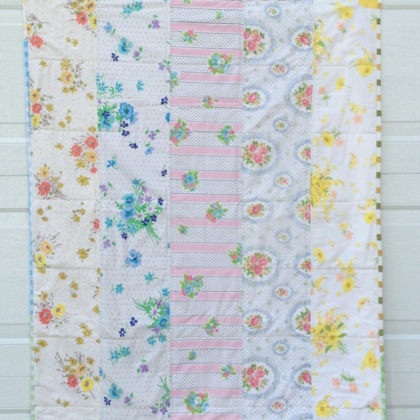 Funky Vintage Floral Lap Blanket/ Baby Blanket With Vintage Sheets and Scrappy Quilt Binding