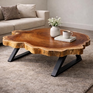 Mesa de centro con borde natural - Mesa de centro redonda - Mesa de centro de nogal - Mesa auxiliar para sofá - Centro de mesa rústico recuperado - Extremo lateral único