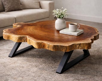 Mesa de centro con borde natural - Mesa de centro redonda - Mesa de centro de nogal - Mesa auxiliar para sofá - Centro de mesa rústico recuperado - Extremo lateral único