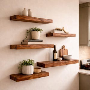 Solid Oak Live Edge Floating Shelf, Natural Wood Kitchen Bookshelf, Hidden Bracket