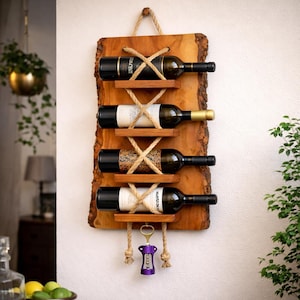 Estante flotante para vino con borde natural, soporte rústico de madera para botellas de vino, estantes flotantes para bar, almacenamiento de bar hecho a mano, estante de madera para bar