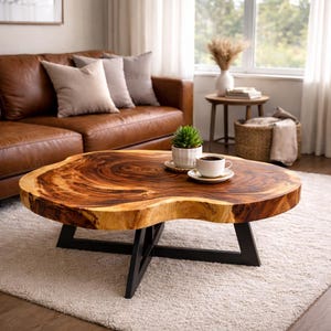 May include: A solid wood coffee table with a natural, live-edge design. The table has a distinctive, organic shape and is supported by black metal legs. A small succulent in a white pot and a cup of coffee are on the table.