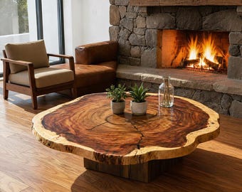 Live Edge Wood Coffee Table – Rustic Low Furniture for Natural Living Decor – Walnut Coffee Table-Natural Wood Coffee Table, Japandi Minimal