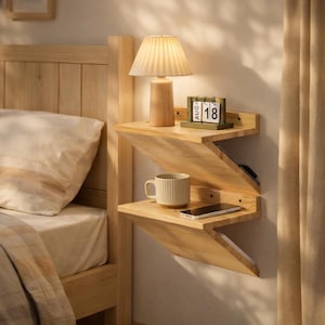 Puede incluir: Una mesita de noche flotante de madera clara en forma de zigzag con una lámpara pequeña, una taza, un teléfono y un calendario de madera que muestra el 18 de agosto. La lámpara tiene una pantalla plisada. La mesita está en una pared blanca.