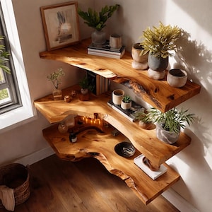 Puede incluir: Estanterías de esquina de madera de tres niveles con un diseño de borde natural. Las estanterías están llenas de plantas en macetas, libros, velas y objetos decorativos. La madera tiene un tono cálido y natural.