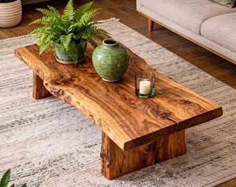 Live Edge Wood Coffee Table - Rustic Low Furniture for Natural Living Decor - Handcrafted Reclaimed Farmhouse Centerpiece - Unique Side End