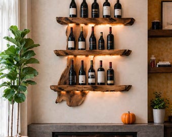 Walnut Floating Wine Rack - Rustic Wall Shelf - Bar Shelf Unique Rustic Bar Shelving - Wall Mounted Rustic Bar Decor - Natural Bottle Holder