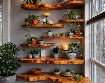 Valnötsflytande hylla - Rustik vägghylla - Massivt träflytande – Rustik trävägghylla - Trä i naturlig kant - Anpassade storlekar