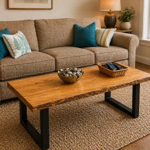 Op de afbeelding: Een rechthoekige houten salontafel met een natuurlijke houten afwerking en zwarte metalen poten. De tafel staat voor een bruine bank met turquoise en patroon kussens. Een decoratieve schaal met stenen en een mand met afstandsbedieningen staan op de tafel.