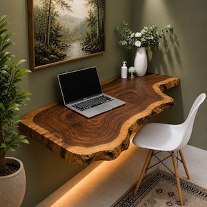 Puede incluir: Un escritorio de madera maciza con bordes naturales y forma orgánica. Un portátil está sobre el escritorio, fijado a una pared verde. Una silla blanca con patas de madera está al lado. Una pintura de un paisaje forestal cuelga encima.