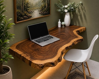 Live Edge Floating Desk | Wall Mounted Desk | Solid Wood Workspace | Minimalist Home Office Desk | Rustic Wood Floating |  Solid Wood Desk