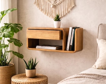 Schwimmender Nachttisch mit Schublade, Wandmontierter Nachttisch, kleiner Nachttisch mit Seitenfächern, Moderne Holz Nachttisch, Nachttisch Regal