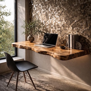 Puede incluir: Un escritorio de madera con borde en bruto con una computadora portátil, libros y un cuenco pequeño. Una silla negra con patas de madera está frente al escritorio. El escritorio está cerca de una ventana con vista a árboles y una pared decorada con pequeñas baldosas redondas doradas.