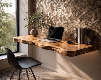 Live Edge Floating Desk | Custom Wall Mounted Desk | Solid Wood Workspace | Modern Minimalist Home Office Desk | Rustic Wood Floating Shelf