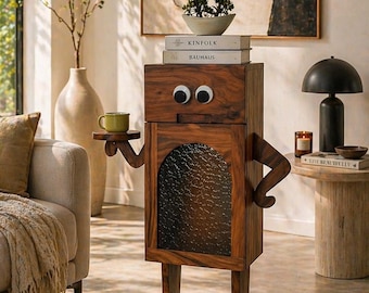 Bonita mesa auxiliar de nogal única, mueble de madera artesanal con carácter, mesa de centro moderna, mueble único, decoración escandinava para el hogar.