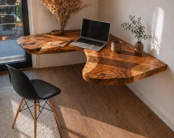 Mesa de canto flutuante com borda natural | Mesa de parede | Espaço de trabalho em madeira maciça | Mesa de escritório moderna e minimalista para casa | Mesa flutuante rústica em madeira