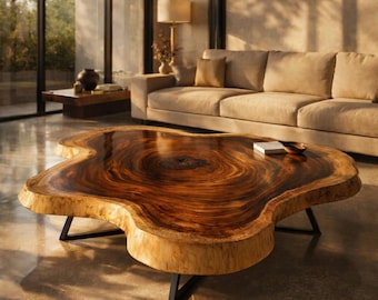 Tavolino da caffè in legno di noce - Mobile rustico con bordo naturale per l'arredamento del soggiorno - Tavolo rotondo - Centrotavola in stile rustico con materiali di recupero - Estensione laterale unica