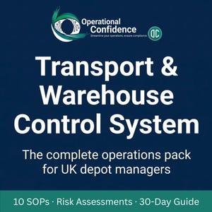 May include: A dark blue graphic with the text "Transport & Warehouse Control System." The text "Operational Confidence" is at the top, with the tagline "Streamline your operations, ensure compliance." The bottom text reads "The complete operations pack for UK depot managers."