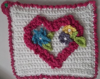 Instantly Downloadable PDF Crochet Flower's & Ruffle Heart Hot Pad