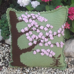 Crochet Pillow, Crochet cherry blossom, Crochet flower pillow, Crochet pillow cover, Diy crochet, Digital Download,
