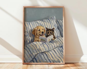 Cuadro de Golden Retriever con gato, pintura de perro en la cama, pintura para amantes de las mascotas