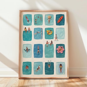 Op de afbeelding: Een ingelijste kunstdruk met een raster van zestien illustraties die verschillende mensen tonen die zwemmen en ontspannen in blauwe zwembaden. De scènes bevatten individuen op zwembanden, duikend, spelend met een bal en loungend in het water.