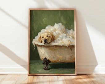 Puede incluir: Una lámina de arte enmarcada que muestra a un perro labrador amarillo descansando dentro de una bañera antigua con patas de garra llena de espesa espuma blanca. El perro tiene los ojos cerrados y el fondo es de un color verde oliva apagado.