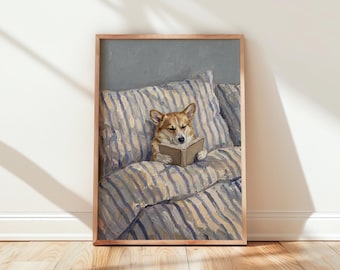 Lámina de Corgi en la cama, cuadro de perro leyendo un libro