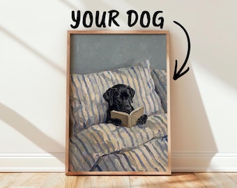 ベッドで読書をする犬のカスタム絵画、写真から作成するパーソナライズされたペットの肖像画