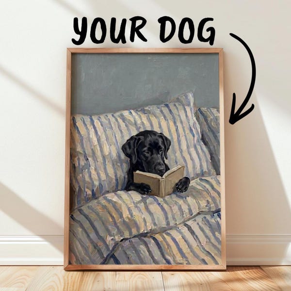 Custom Dog Reading in Bed Painting, Personalized Pet Portrait From Photo
