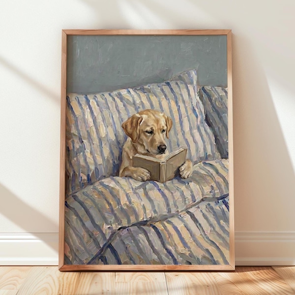 Yellow Labrador in Bed Print, Dog Reading Book Wall Art