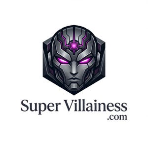 Puede incluir: Un logotipo con un rostro rob&oacute;tico estilizado con ojos y acentos morados brillantes, enmarcado en un hex&aacute;gono. El texto "Super Villainess .com" est&aacute; debajo, en una fuente serif.