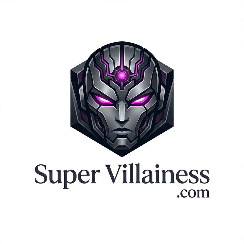 Puede incluir: Un logotipo con un rostro rob&oacute;tico estilizado con ojos y acentos morados brillantes, enmarcado en un hex&aacute;gono. El texto "Super Villainess .com" est&aacute; debajo, en una fuente serif.