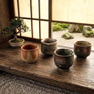 Handcrafted Japanese Sake Cup Set (4 Pieces) – Authentic Bizen Ware & Artisan Pottery – Wabi-sabi Aesthetic