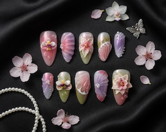3D Orchid Press On Nails, Pearlescent Shell Fairycore Set, Whimsical Garden Manicure