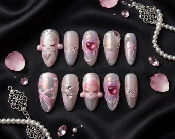 3D Sonny Angel Heart Press On Nails, Pink Doll Shimmer Coquette Manicure Set