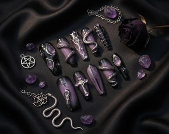 Gothic Press On Nails, 3D Serpent Cross, Opulent Cat Eye, Edgy Grunge Manicure