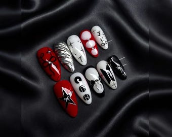 Handmade BTS Jungkook Coquette Press On Nails, Red Chrome Bow Star Kpop Accessories