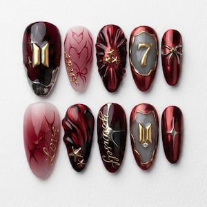 Gothic Cyberpunk Kpop Press On Nails | 3D Liquid Metal Gold Fake Nails | Deep Burgundy Blood Marble Glue On Nails | Custom Long Stiletto
