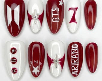 Uñas postizas rojas y blancas de BTS Army / Diseño personalizado de K-Pop (Juego de 10)