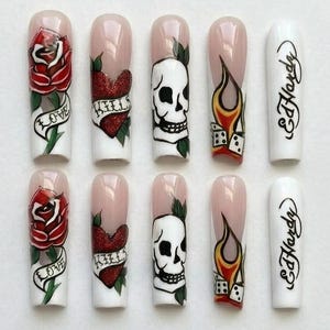 Ed Hardy Inspired Tattoo Nails | Rose Skull Flames Long Square Press-Ons
