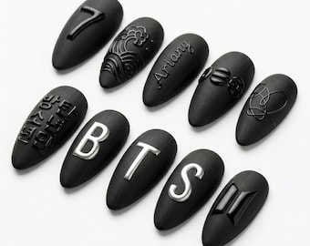 BTS Matte Black Press On Nails | 3D Glossy Wave Embossed Nails | Silver Chrome Luxury Fake Nails | Minimalist Gothic ARMY Gift