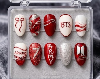 Custom BTS Army Nails | Red Glitter Arirang, Number 7, Logo (Handmade False Nails)