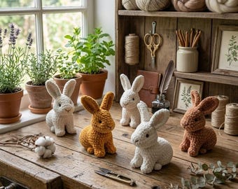 May include: Five crochet bunny figurines in cream, orange, and brown sit on a wooden surface. The bunnies have long ears and are arranged near potted plants and crafting supplies. A pair of scissors lies in the foreground.