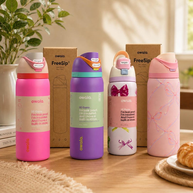 K&ouml;nnte beinhalten: Vier Owala FreeSip Isolierwasserflaschen in Pink, Lila und Wei&szlig; mit eingebauten Strohhalmen. Jede Flasche hat ein einzigartiges Design mit Text und Grafiken. Die Flaschen werden auf einer Holzoberfl&auml;che pr&auml;sentiert.