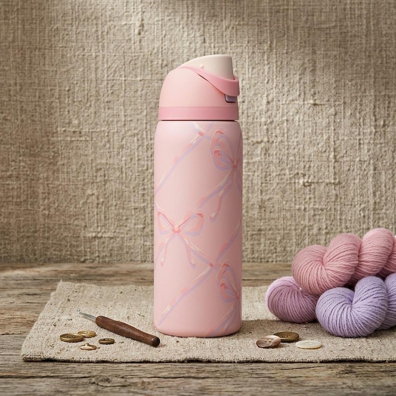 K&ouml;nnte beinhalten: Eine rosa isolierte Wasserflasche mit einem Schleifen- und Banddesign. Die Flasche hat einen hellrosa Deckel und einen passenden rosa K&ouml;rper. Ein H&auml;kelhaken, Garn und Kn&ouml;pfe befinden sich neben der Flasche.