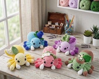 May include: A collection of six colorful, crocheted octopus toys in various colors, including blue, yellow, pink, and green, with white accents. The toys are displayed on a wooden table, with yarn and craft supplies in the background.