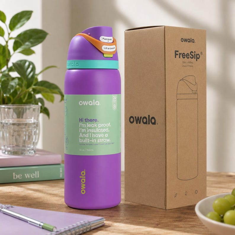 K&ouml;nnte beinhalten: Eine lila Owala FreeSip Wasserflasche mit einem t&uuml;rkis-orangenen Deckel und einem Karton. Die Flasche hat ein gr&uuml;nes Etikett mit dem Text "Hi there. I'm leak proof. I'm insulated. And I have a built-in straw." Die Flasche fasst 700 ml.