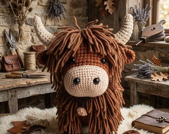 May include: A handmade crochet Highland cow plushie. The plushie features a brown body, shaggy fur, and cream-colored horns and muzzle. It has black button eyes and is sitting on a white, fluffy surface. The cow is a charming, handcrafted item.